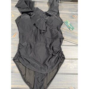 Black One-Piece Swimsuit With Ruffle Details & Mesh Accents Size L